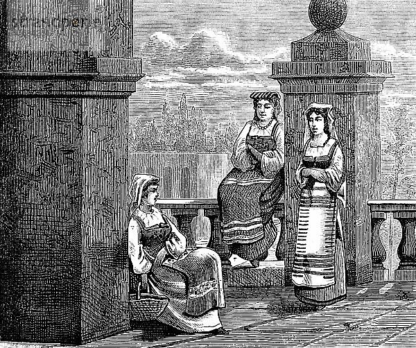 Drei Fraün in Rom  traditionelle Kleidung  im Freien  Schürze  Gebäude  Garten  Kopfbedeckung  Säulen  Porträt  historische Illustration 1881