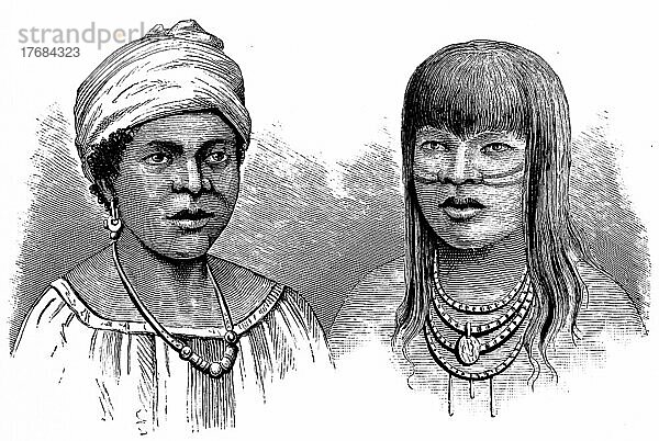 Zwei junge Fraünnischer Abstammung (li)  Indianerin des Canibo Stamm  Halskette  Ohrring  Turban  Tätowierung  Porträt  historische Illustration 1881  Brasilien  Südamerika