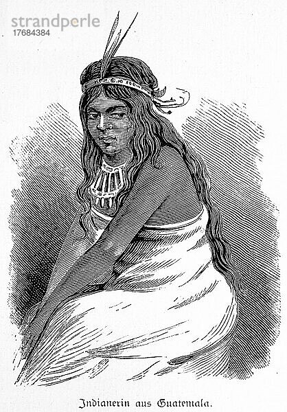 Junge Frau  Indianer  sitzen  langes Haar  Haarschmuck  Feder  historische Illustration 1881  Guatemala  Mittelamerika