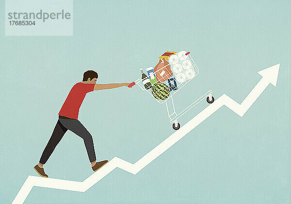 Mann schiebt Einkaufswagen von Lebensmitteln nach oben Linie Diagramm Pfeil