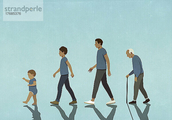 Männliche Multigenerationen in Blau gehen in einer Reihe