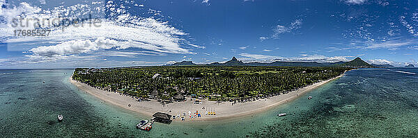 Aerial shot of Flic En Flac beach with blue sky  Mauritius  Africa