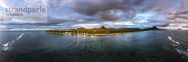 Aerial shot of Flic En Flac beach with stormy clouds  Mauritius  Africa