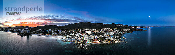 Spain  Balearic Islands  Santa Ponsa  Helicopter panorama of coastal town at dusk