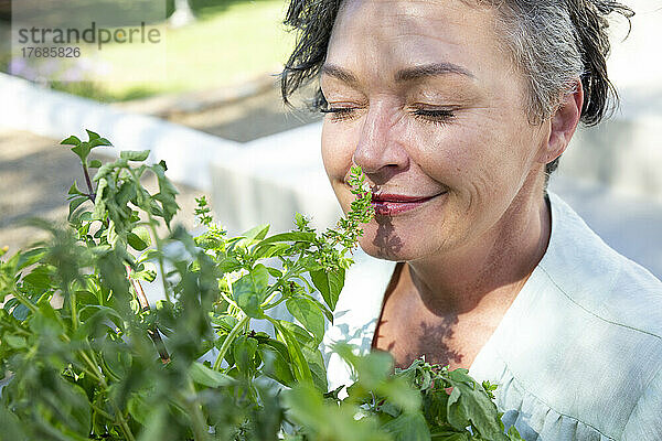 Lächelnde reife Frau  die an einem sonnigen Tag Pflanzen riecht
