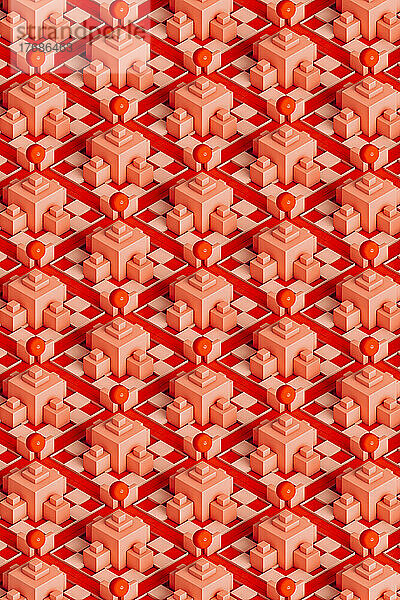 Dreidimensionales Muster aus pastellfarbenen Würfeln  schwebenden Kugeln und Schachbrettern