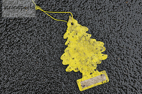 Discarded scent tree air freshener on wet asphalt