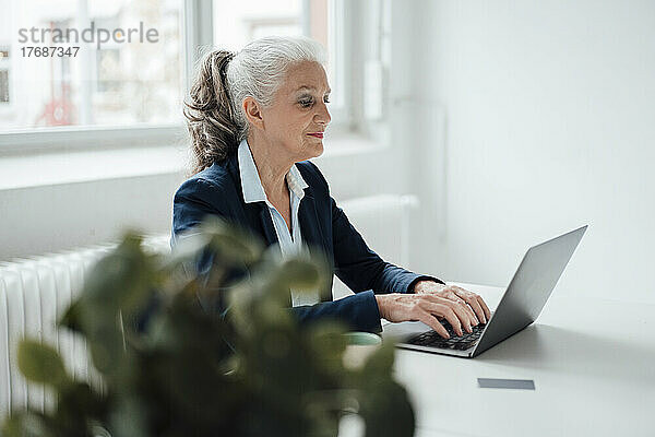 Ältere Geschäftsfrau  die am Schreibtisch im Büro sitzt und auf einem Laptop tippt