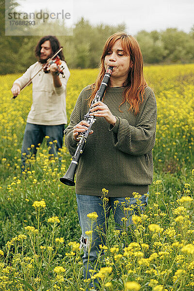 Mann und Frau üben Musikinstrumente im Blumenfeld