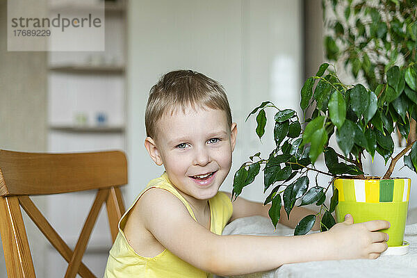Glücklicher Junge sitzt mit Zimmerpflanze zu Hause