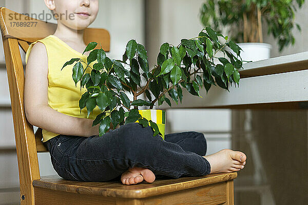 Lächelnder Junge mit Zimmerpflanze sitzt zu Hause auf einem Stuhl