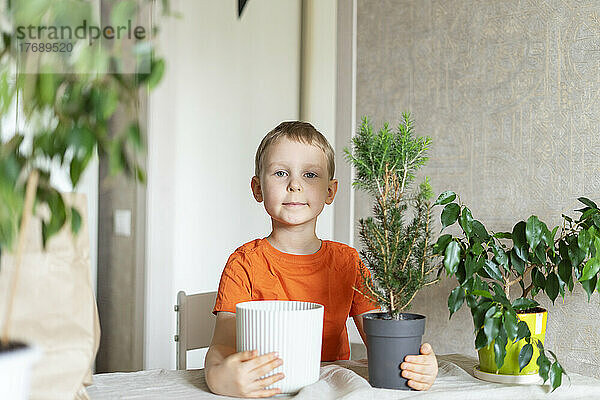 Boy with pot and houseplant on table at home