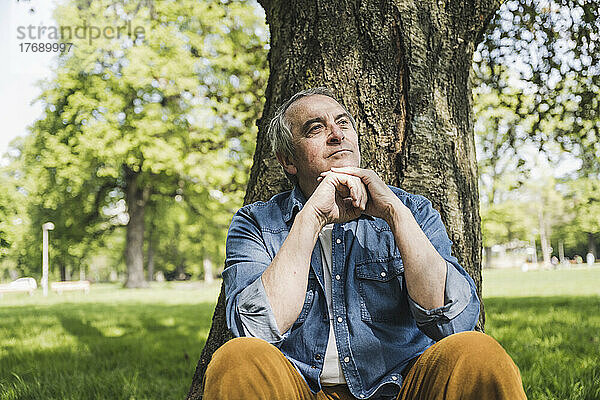 Nachdenklicher älterer Mann mit der Hand am Kinn sitzt vor einem Baum im Park