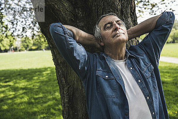Älterer Mann mit den Händen hinter dem Kopf lehnt an Baumstamm im Park