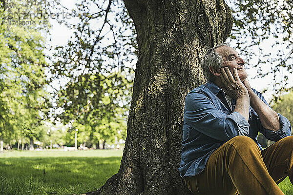 Nachdenklicher älterer Mann sitzt vor einem Baum im Park
