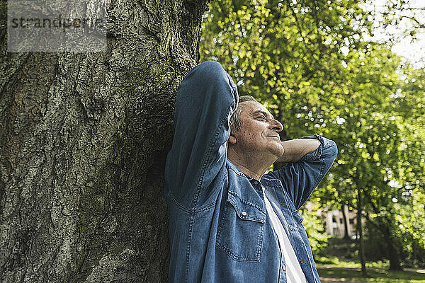 Lächelnder älterer Mann mit den Händen hinter dem Kopf  der sich im Park an einen Baumstamm lehnt