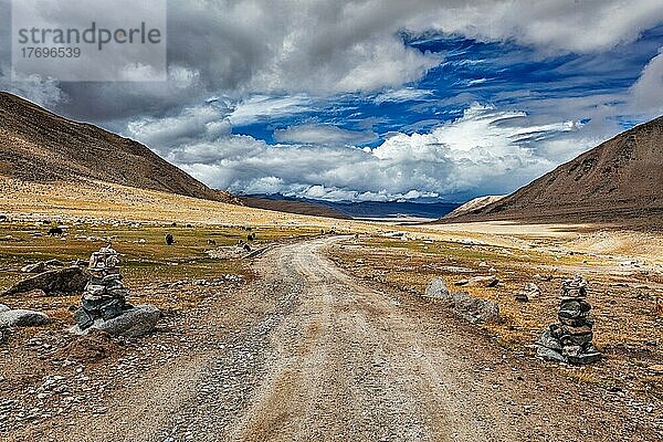 Mit Steinmännchen markierte Straße im Himalaya. Ladakh  Indien  Asien