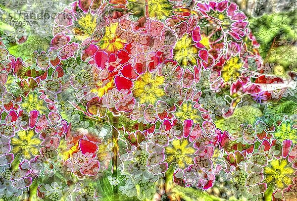 Blumen kreativ  künstlerische Aufnahme  Primeln (Primula)  rote Blüten verfremdet  Blütenmix  Pflanzen  duftig  all over Hintergrund  Muster  Design  Deutschland  Europa