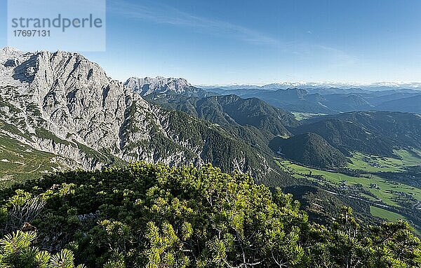 Blick auf Berglandschaft mit Gipfel Westliches Geiselhorn  hinten Leoganger Steinberge  Ausblick vom Heimkehrerkreuz  Nuaracher Höhenweg  Loferer Steinberge  Tirol  Österreich  Europa