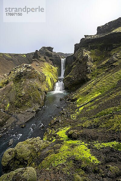 Wasserfall  Zerklüfteter mit Moos bewachsener Canyon  Fluss Skoga  Landschaft am Fimmvörðuháls Wanderweg  Südisland  Island  Europa
