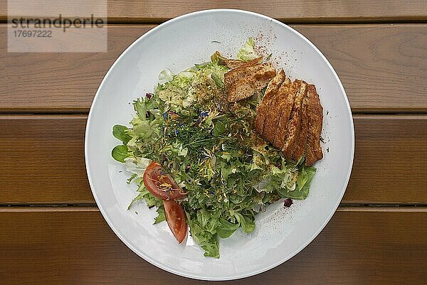 Gemischter Salat mit gerösteten Putenstreifen in einer Gartenwirtschaft serviert  Bayern  Deutschland  Europa