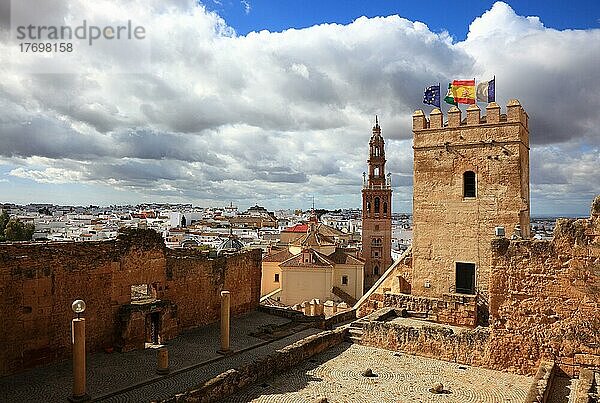 Stadt Carmona in der Provinz Sevilla  Blick vom Alkazar de la Puerta de Sevilla auf den Torre del Oro  den Turm der Kathedrale San Pedro und die Altstadt  Andalusien  Spanien  Europa