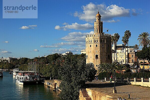 Sevilla  der Torre del Oro am Flussufer des Guadalquivir in der Altstadt  Andalusien  Spanien  Europa