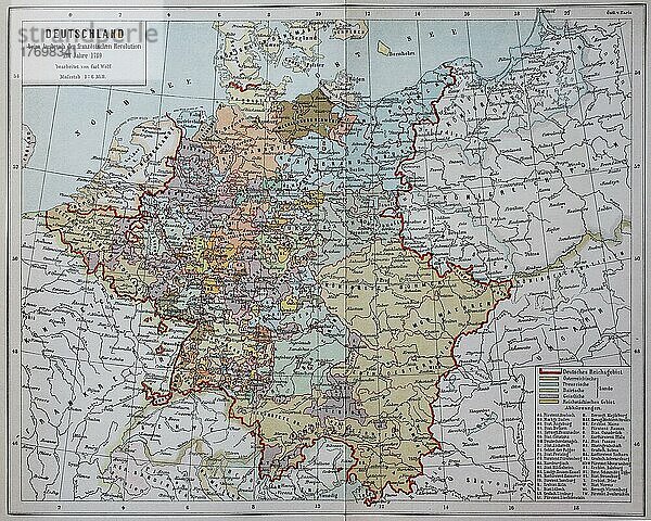 Landkarte von Deutschland beim Ausbruch der französischen Revolution im Jahre 1789  Historisch  digital restaurierte Reproduktion von einer Vorlage aus dem 19. Jahrhundert  genaues Datum unbekannt