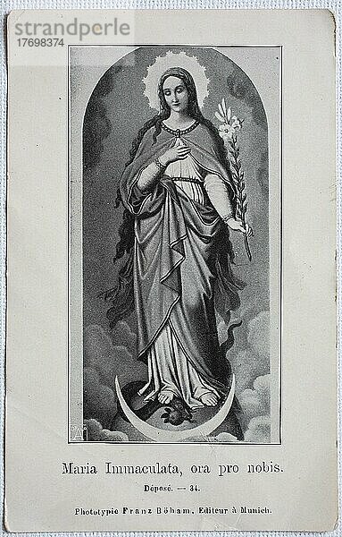 Heiligenbild  Maria Immaculate  Historisch  digital restaurierte Reproduktion von einer Vorlage aus dem 19. Jahrhundert  genaues Datum unbekannt