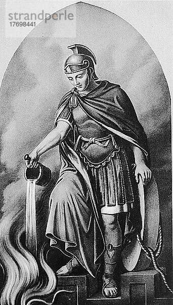 Der heilige Florian von Lorch (3. Jahrhundert) war Offizier der römischen Armee und Oberbefehlshaber einer Einheit zur Feuerbekämpfung  Patron der Feuerwehr  Historisch  digital restaurierte Reproduktion einer Originalvorlage aus dem 19. Jahrhundert  genaues Originaldatum nicht bekannt
