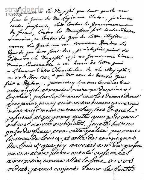 Von Friedrich II. eigenhändig aufgesetzte Erklärung  welche Voltaire unterzeichnen musste  mit dessen Nachschrift  Blatt 1  Historisch  digital restaurierte Reproduktion einer Vorlage aus dem 19. Jahrhundert  genaues Datum unbekannt