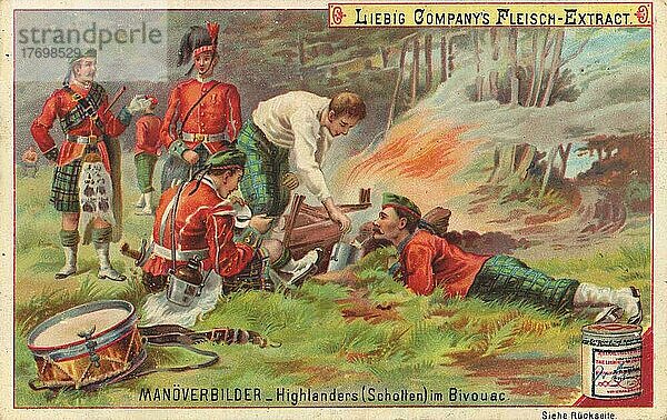 Serie Manöverbilder  Highländer aus Schottland im Biwak  digital restaurierte Reproduktion eines Sammelbildes von ca 1900  Liebig Sammelbild  genaues Datum unbekannt