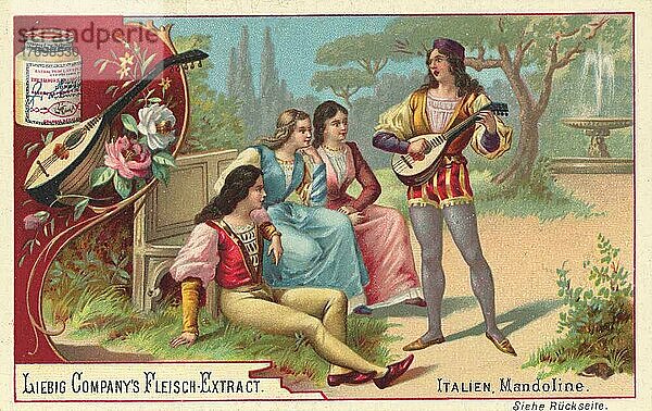 Serie Musikinstrument  Mandoline  italienischer Edelmann spielt Liebeslieder auf der Mandoline  digital restaurierte Reproduktion eines Sammelbildes von ca 1900  Liebig Sammelbild  genaues Datum unbekannt