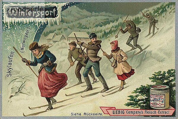 Serie Wintersport  Das Skilaufen  Norwegen  digital restaurierte Reproduktion eines Sammelbildes von ca 1900  Liebig Sammelbild  genaues Datum unbekannt  Europa