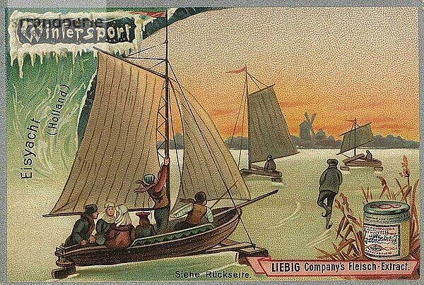Serie Wintersport  Eisyacht segeln in Holland  digital restaurierte Reproduktion eines Sammelbildes von ca 1900  Liebig Sammelbild  genaues Datum unbekannt