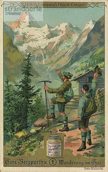 Serie Eine Bergpartie  Wanderung im Tal  digital restaurierte Reproduktion eines Sammelbildes von ca 1900  Liebig Sammelbild  genaues Datum unbekannt
