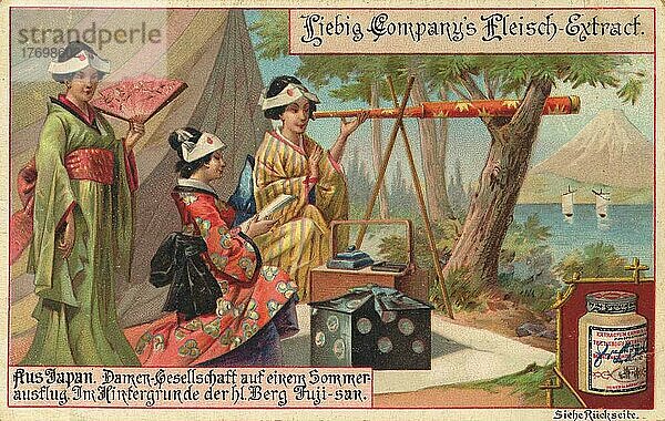 Serie Aus Japan  Damengesellschaft auf einem Sommerausflug  im Hintergrund der Berg Fuji  digital restaurierte Reproduktion eines Sammelbildes von ca 1900  Liebig Sammelbild  genaues Datum unbekannt