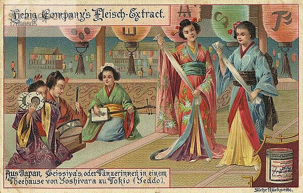 Serie Aus Japan  Geishas oder Tänzerinnen in einem Teehaus von Yoshivara zu Tokio  digital restaurierte Reproduktion eines Sammelbildes von ca 1900