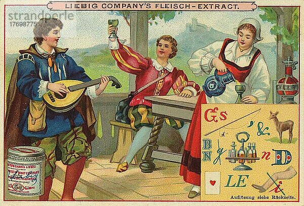 Bilderserie Rätsel  Silbenrätsel  der Bänkelsänger spielt vor einer Taverne auf seiner Mandoline und wird dafür zu einem Glas Wein eingeladen  digital restaurierte Reproduktion eines Sammelbildes von ca 1900