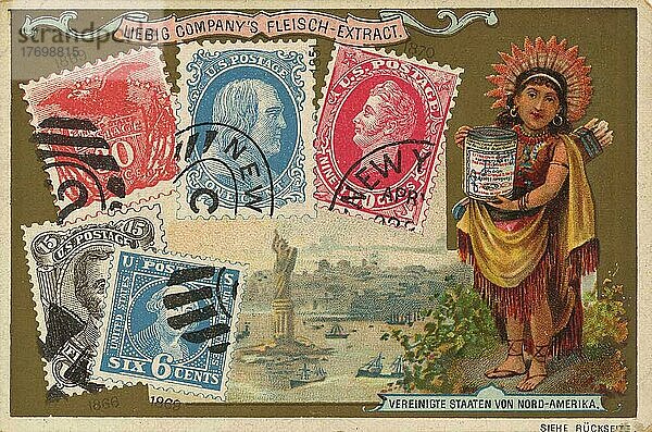 Bilderserie Länder und Briefmarken und Motive  Vereinigte Staaten von Amerika  Historisch  digital restaurierte Reproduktion eines Liebig Sammelbildes aus dem 19. Jahrhundert  genaues Datum nicht bekannt  Nordamerika