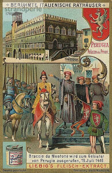 Serie berühmte italienische Rathäuser  Italien  Perugia  Palazzo dei Priori  Braccio da Montone wird zum Gebieter von Perugia ausgerufen  19. Juli 1416  Historisch  digital restaurierte Reproduktion eines Sammelbildes von ca 1900  genaues Datum unbekannt  Europa