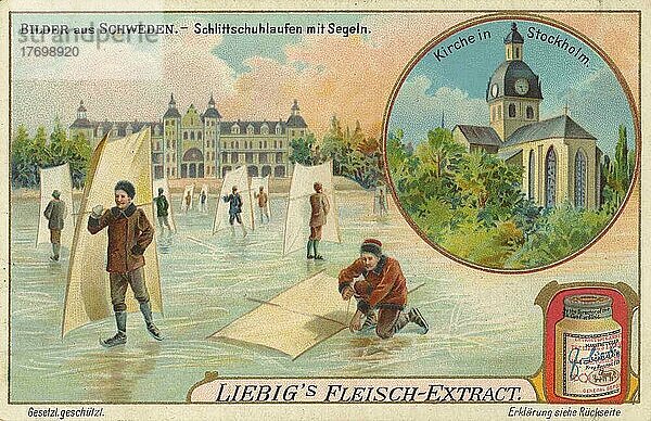 Serie Bilder aus Schweden  Kirche in Stockholm  Schlittschuhlaufen mit Segel  digital restaurierte Reproduktion eines Sammelbildes von ca 1900