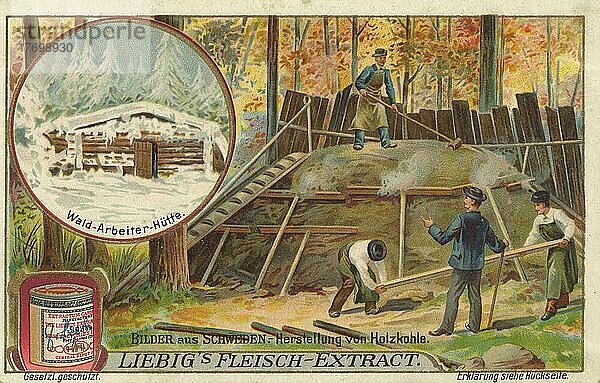 Serie Bilder aus Schweden  Hütte für Waldarbeiter  Herstellung von Holzkohle  Köhler  digital restaurierte Reproduktion eines Sammelbildes von ca 1900