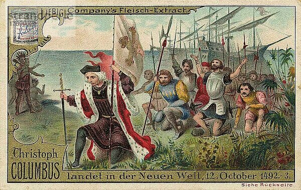 Serie Christoph Kolumbus  Landung in der neuen Welt  12. Oktober 1492  Historisch  digital restaurierte Reproduktion eines Liebig Sammelbildes von ca 1900