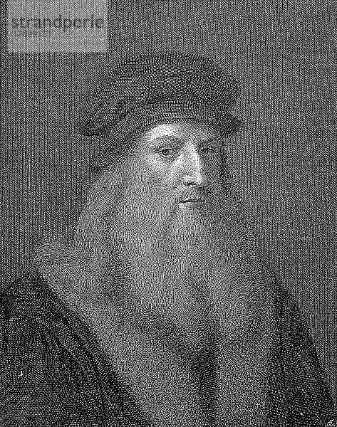Leonardo di ser Piero da Vinci  15. April 1452  2. Mai 1519  bekannt als Leonardo da Vinci  ein italienischer Polymath der Renaissance  Historisch  digital restaurierte Reproduktion einer Vorlage aus dem 19. Jahrhundert