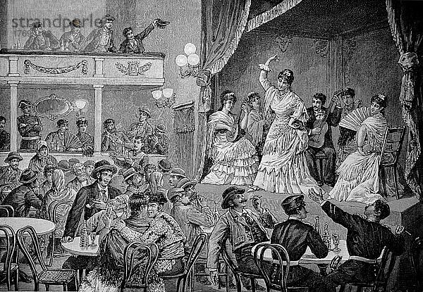 Volkstheater in Spanien im 19. Jahrhundert  Historisch  digital restaurierte Reproduktion einer Vorlage aus dem 19. Jahrhundert  genaues Datum nicht bekannt