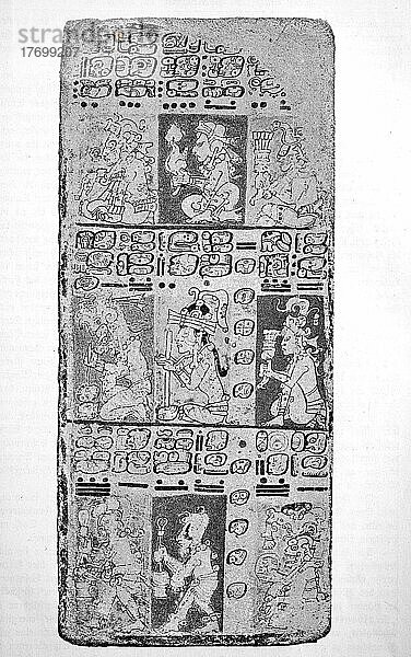 Eine Seite aus einer Mayahandschrift  Mexiko  Historisch  digital restaurierte Reproduktion aus dem 19. Jahrhundert  genaues Datum unbekannt  Mittelamerika