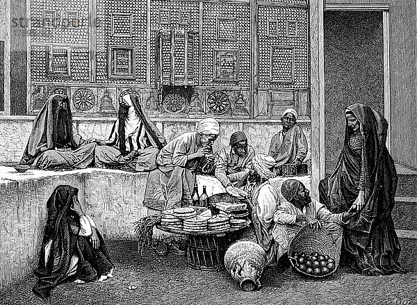 Straßenverkäufer in den Straßen von Kairo im Jahre 1865  Ägypten  digital restaurierte Reproduktion einer Vorlage aus dem 19. Jahrhundert  genaues Datum nicht bekannt  Afrika