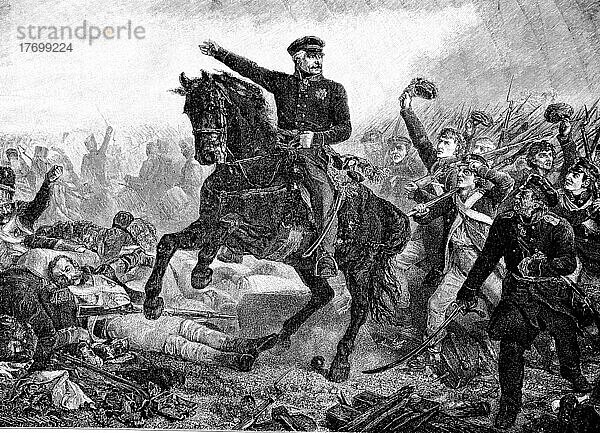 Die Ankunft von Blücher an der Belle-Alliance der Schlacht von Waterloo  Frankreich  Historisch  digital restaurierte Reproduktion einer Vorlage aus dem 19. Jahrhundert  genaues Datum nicht bekannt  Europa