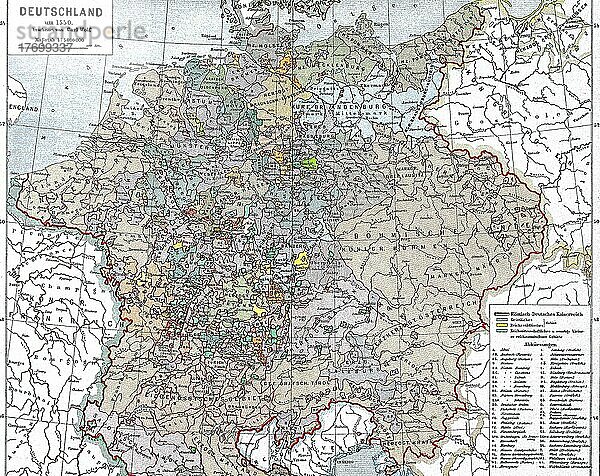 Historische Landkarte von Deutschland im Jahre 1550  Historisch  digital restaurierte Reproduktion einer Vorlage aus dem 19. Jahrhundert